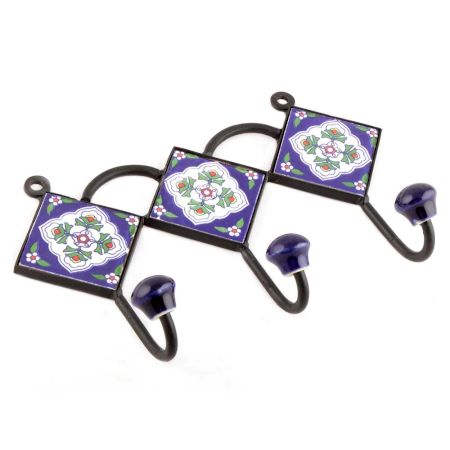 Navy Blue And White Ceramic Floral Tiles Hooks